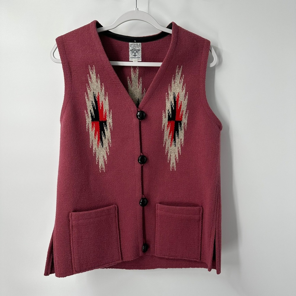 Ortegas Chimayo Hand Woven Wool Vest Size S Burgundy Southwestern Vintage